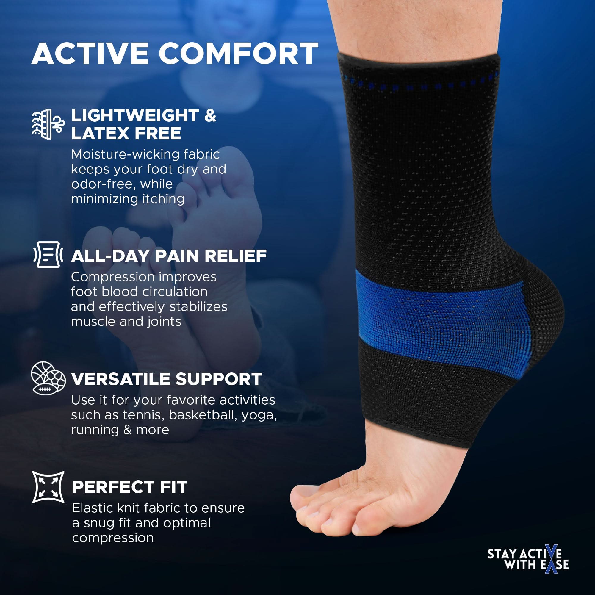 Black and blue lightweight compression ankle sleeve on foot, featuring breathable fabric and elastic knit band, made in the.