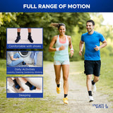 Active Ease Compression Ankle Sleeves in black worn on both ankles by a smiling woman jogging outdoors with a man, promoting .