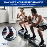 Two athletes wearing black and blue Active Ease Compression Ankle Sleeves while performing step-up exercises, highlighting.