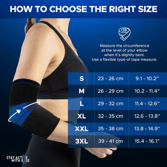 Black ActiveEase Compression Elbow Brace worn on left arm, elastic ribbed knit design, breathable fabric, seamless fit,.
