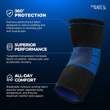 Black and blue ActiveEase Compression Elbow Brace with breathable knit fabric, highlighting targeted compression zones; made .