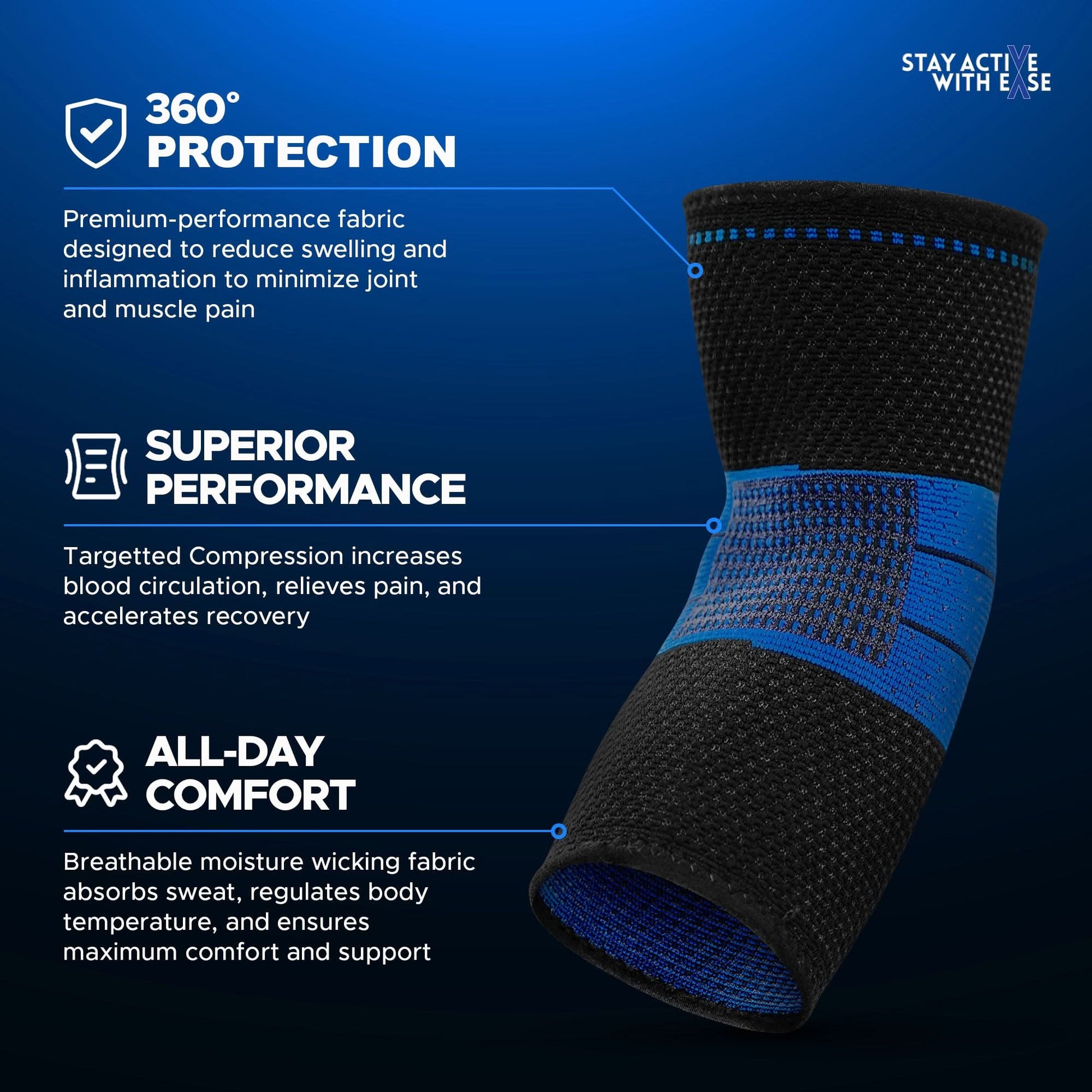 Blue and black ActiveEase Compression Elbow Brace showing breathable fabric and targeted compression zones, made in the USA, .