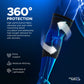 Blue and black ActiveEase Compression Elbow Brace highlighting 360° protection with white arrows showing airflow, breathable .