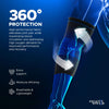Blue compression elbow brace on a bent arm with white arrows showing 360° protection, highlighting extra support,.