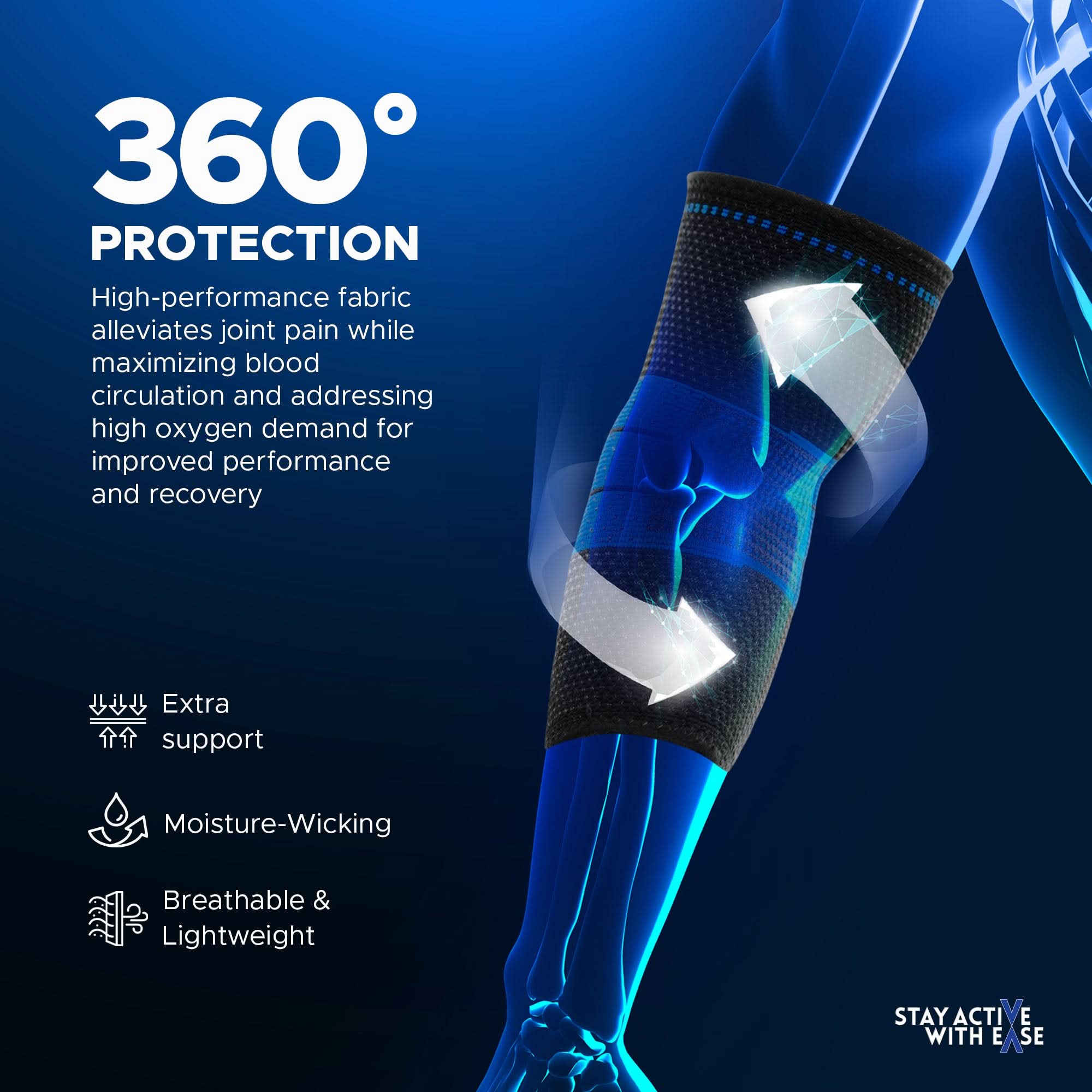 Blue compression elbow brace on a bent arm with white arrows showing 360° protection, highlighting extra support,.