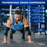 Black compression elbow braces worn on both elbows by man exercising in gym, featuring breathable fabric and snug fit,.