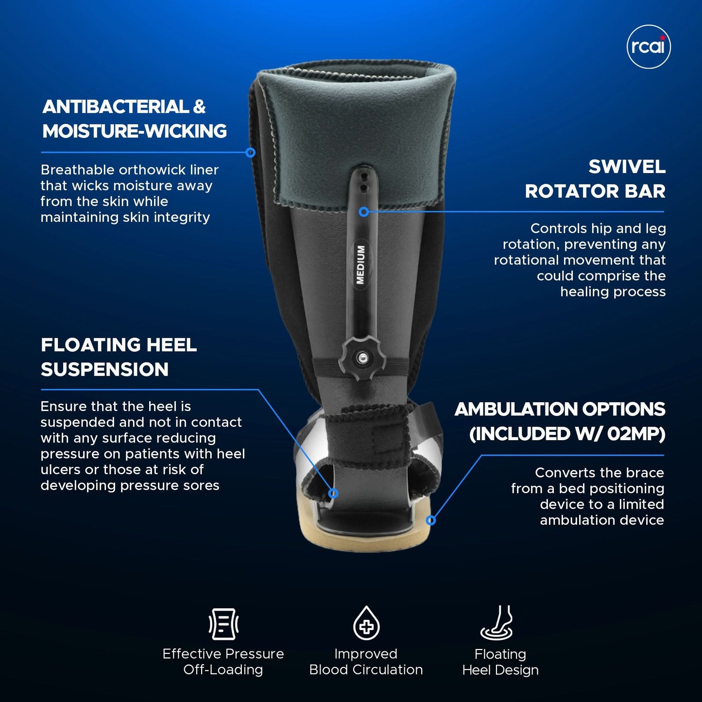 Black RCAI MPO 2000® orthopedic boot with adjustable swivel rotator bar, breathable moisture-wicking liner, and floating.