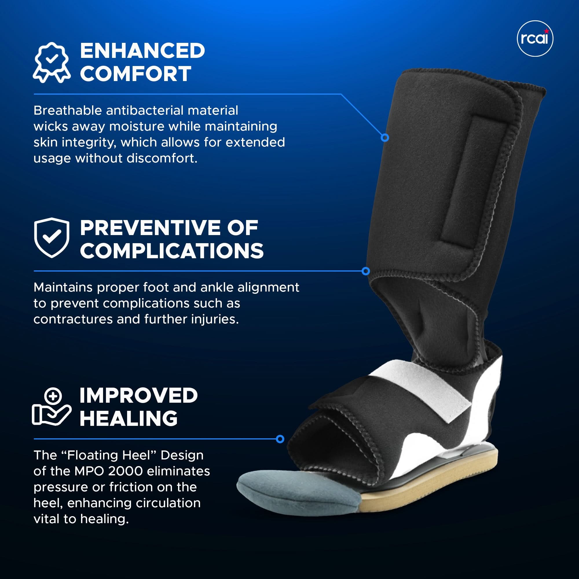 Black RCAI MPO 2000® ambulatory foot and ankle brace with adjustable straps, breathable antibacterial material, and.