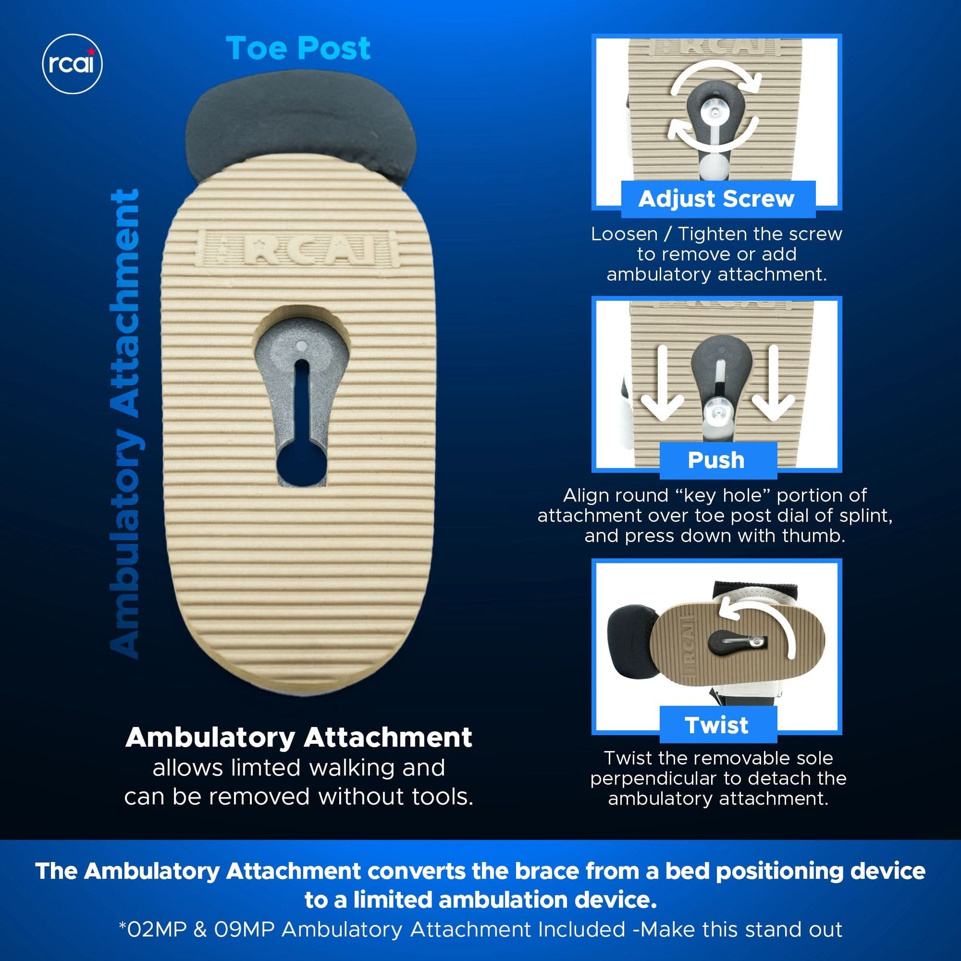Beige RCAI MPO 2000® orthopedic foot splint with adjustable toe post and ambulatory attachment featuring an adjust screw and .
