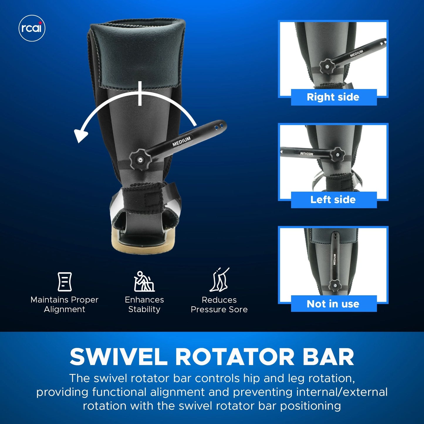 Black RCAI MPO 2000® brace with adjustable swivel rotator bar, ergonomic handle, and padded ankle support, made in the USA,.