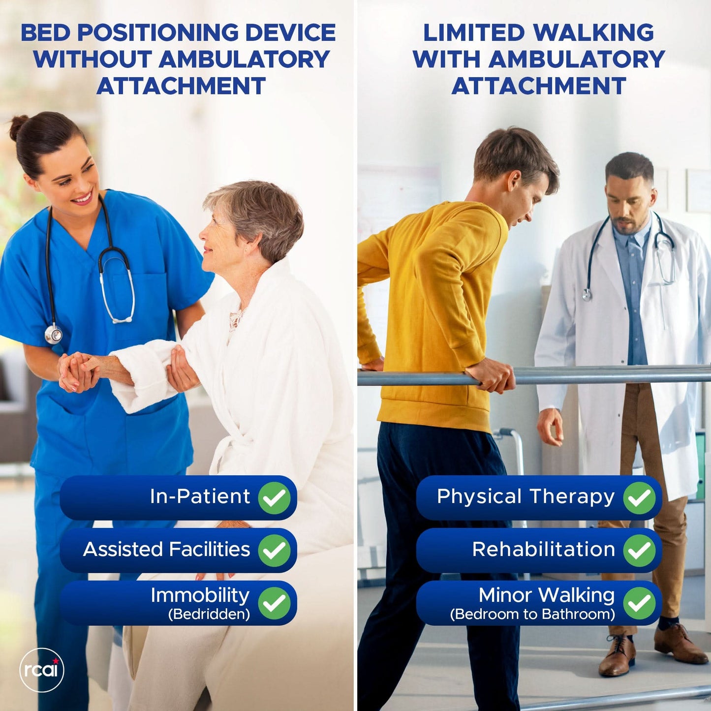 Split-screen showing elderly woman in bed with RCAI MPO 2000® foot drop splint on left, and young man walking with physical.
