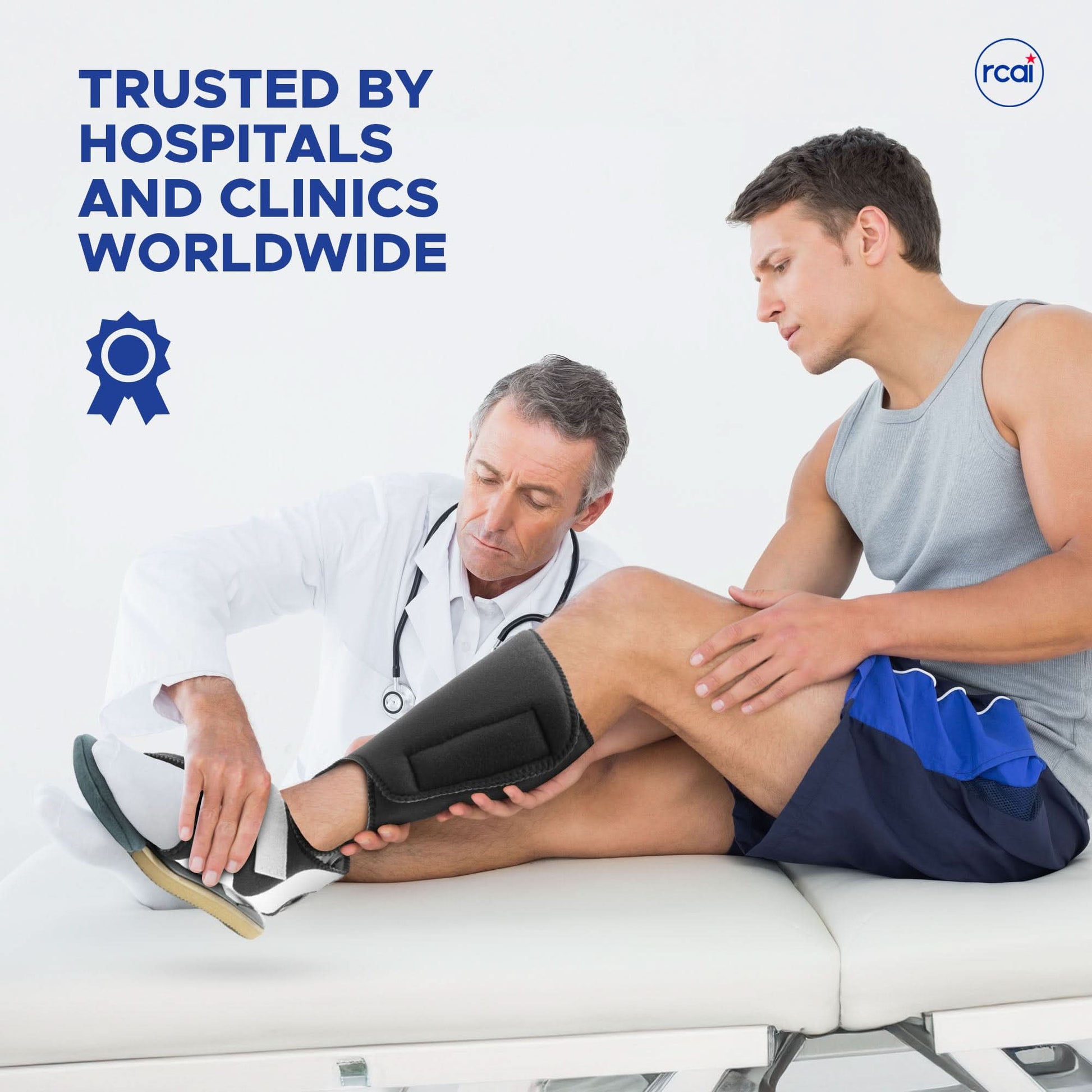Black RCAI MPO 2000® knee brace with ambulatory attachment worn by seated male patient in blue shorts, white doctor.