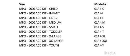 MPO 2000 Accessory Kit size chart listing Infant to XX Large sizes with model numbers, made in the USA, RCAI, B2B.