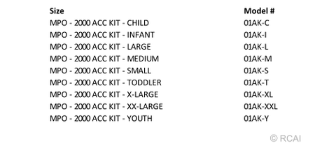 MPO 2000 Accessory Kit size chart listing Infant to XX Large sizes with model numbers, made in the USA, RCAI, B2B.