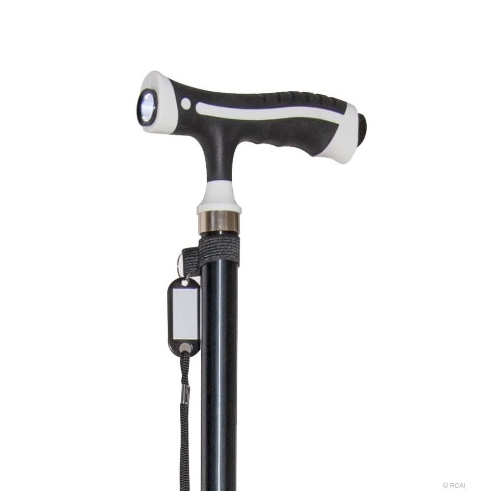 Black and white adjustable self-standing cane with ergonomic handle and charging port, made in the USA, RCAI B2B orthopedics .