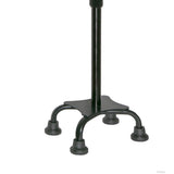 Black adjustable self-standing cane with four rubber-tipped legs, sturdy metal frame, made in the USA, ideal for B2B.