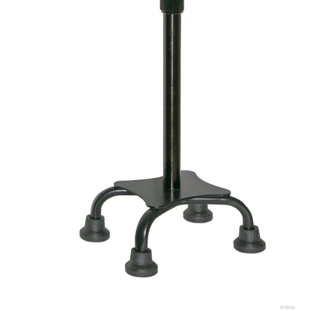 Black adjustable self-standing cane with four rubber-tipped legs, sturdy metal frame, made in the USA, ideal for B2B.
