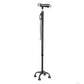 Black adjustable self-standing cane with ergonomic white and black handle, quad base for stability, made in the USA, ideal.