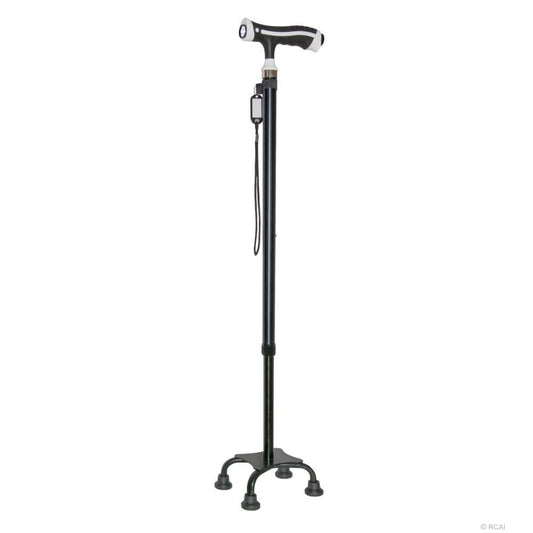 Black adjustable self-standing cane with ergonomic silver handle and four rubber feet, made in the USA, ideal for B2B.