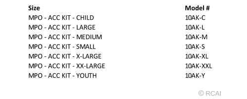 Size chart for The Original Multi Podus System Accessory Kit showing Child to XX Large sizes with model numbers, labeled.