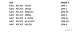 The Original Multi Podus System Accessory Kit size chart listing Child, Youth, Small, Medium, Large, X Large, XX Large,.