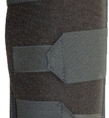 Below knee amputee rigid dressing protector in dark gray fabric with a wide gray adjustable strap, made in the USA, RCAI,.