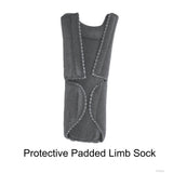 Black padded limb sock with reinforced tri-panel stitching and contoured shape, designed for below-knee amputee protection,.