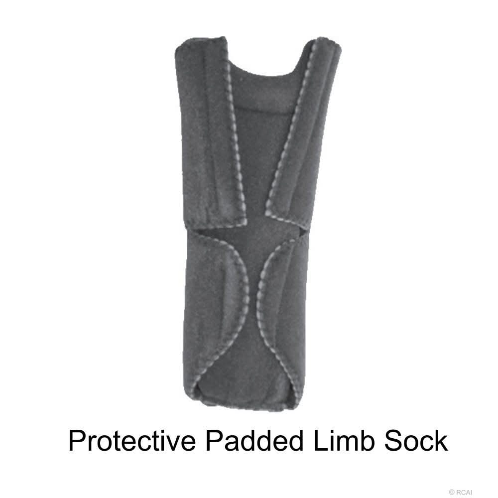 Black padded limb sock with reinforced tri-panel stitching and contoured shape, designed for below-knee amputee protection,.