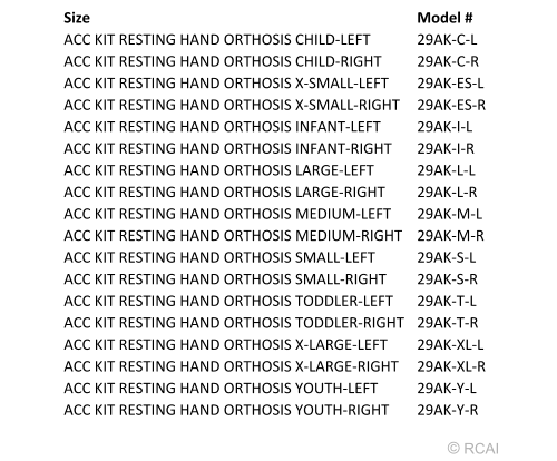 Text listing multiple size and side variants for Resting Hand Orthosis Accessory Kit, featuring model numbers with clear,.