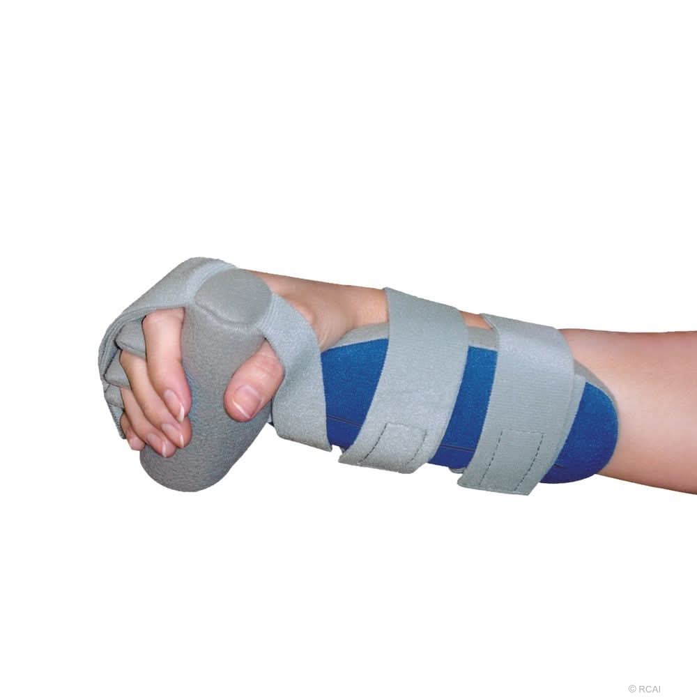 Gray adaptable contour hand orthosis on right hand with blue fabric base and three adjustable straps, made in the USA, RCAI.