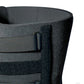 Close-up of black bariatric knee immobilizer with thick foam padding and adjustable velcro straps, made in the USA,.