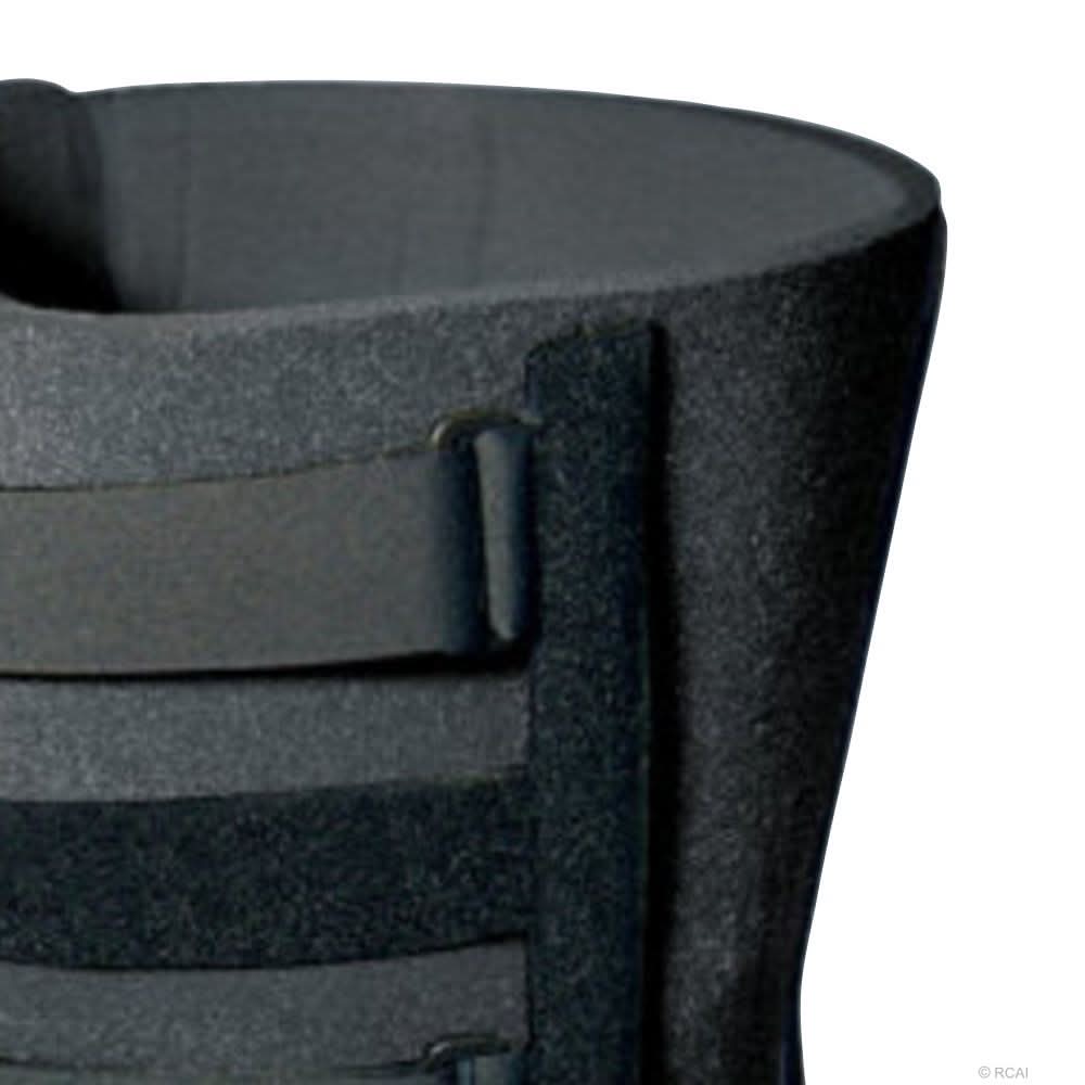 Close-up of black bariatric knee immobilizer with thick foam padding and adjustable velcro straps, made in the USA,.