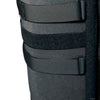 Black bariatric knee immobilizer with four adjustable hook-and-loop straps, durable soft fabric, reinforced support bars,.