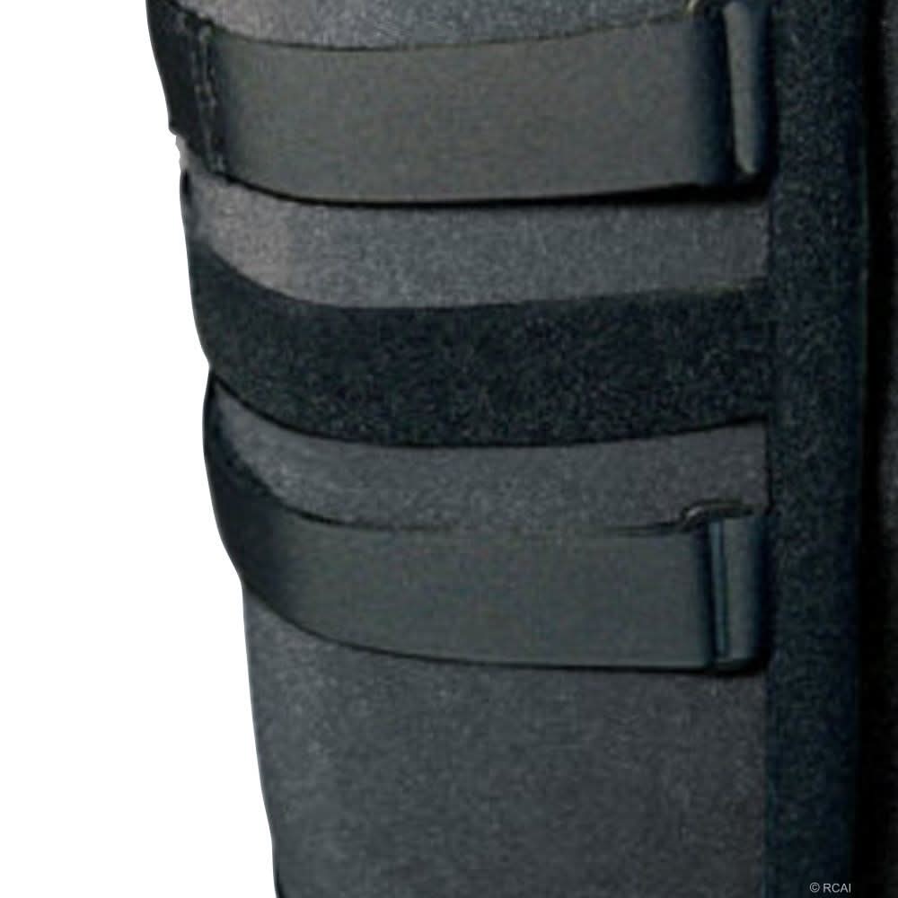 Black bariatric knee immobilizer with adjustable wide straps, sturdy padded material, made in the USA, RCAI, B2B orthopedics .