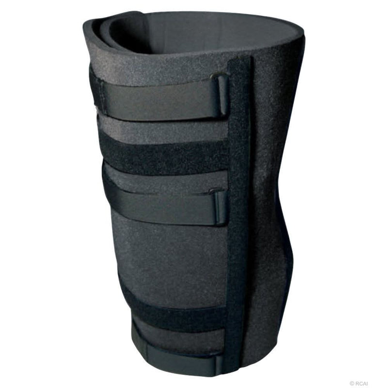 Dark gray bariatric knee immobilizer with five adjustable black straps and hook-and-loop fasteners, made in the USA, RCai,.