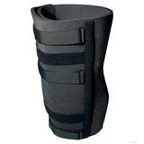 Black bariatric knee immobilizer with four adjustable hook-and-loop straps, made from durable foam material, featuring.