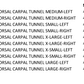 Dorsal carpal tunnel splint accessory kit size chart with model numbers showing X Small to X Large options for right and.