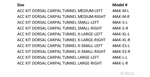 White dorsal carpal tunnel splint accessory kit sheet showing size and model details, highlighting made in the USA quality.