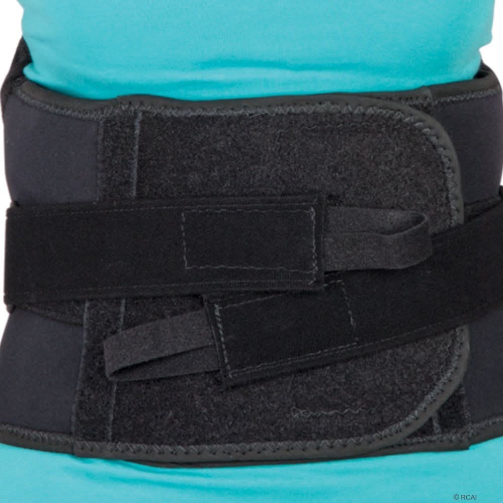 Black lumbar sacral support with wide adjustable side panels and hook-and-loop straps, made in the USA, best orthopedic.