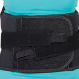 Black lumbar sacral support brace with adjustable wide Velcro straps and side panels, made in the USA, best orthopedic brace .