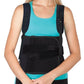 Black Thoracic Lumbar Support with adjustable side panels, worn over turquoise tank top, featuring padded shoulder straps,.