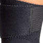 Black wrap-around knee brace with reinforced stitching and wide adjustable strap, made in the USA, best orthopedic braces,.