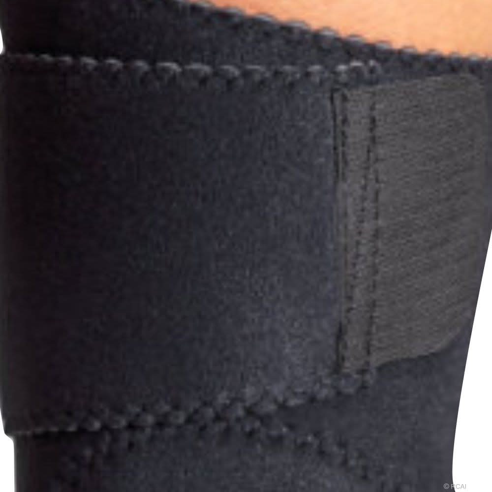 Black wrap-around knee brace with reinforced stitching and wide adjustable strap, made in the USA, best orthopedic braces,.