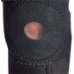 Black wrap-around knee brace with open patella buttress, visible sturdy stitching, soft textured fabric, featuring.