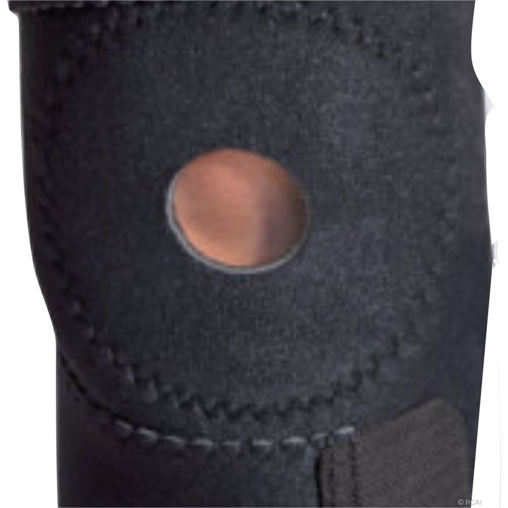 Black wrap-around knee brace with open patella buttress, visible sturdy stitching, soft textured fabric, featuring.