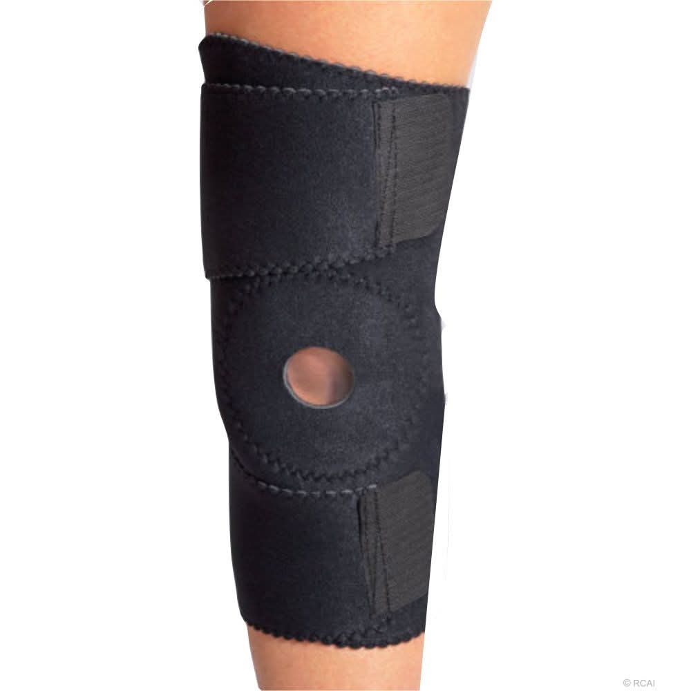 Black wrap-around knee brace with open patella and buttress, secured with wide Velcro straps, made in the USA, RCAI, b2b.