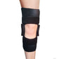 Black wrap knee brace with adjustable straps around the thigh and calf, open patella design allowing full joint movement,.