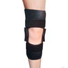 Black wrap knee brace with open patella design, adjustable straps securing above and below the knee, made in the USA, ideal.