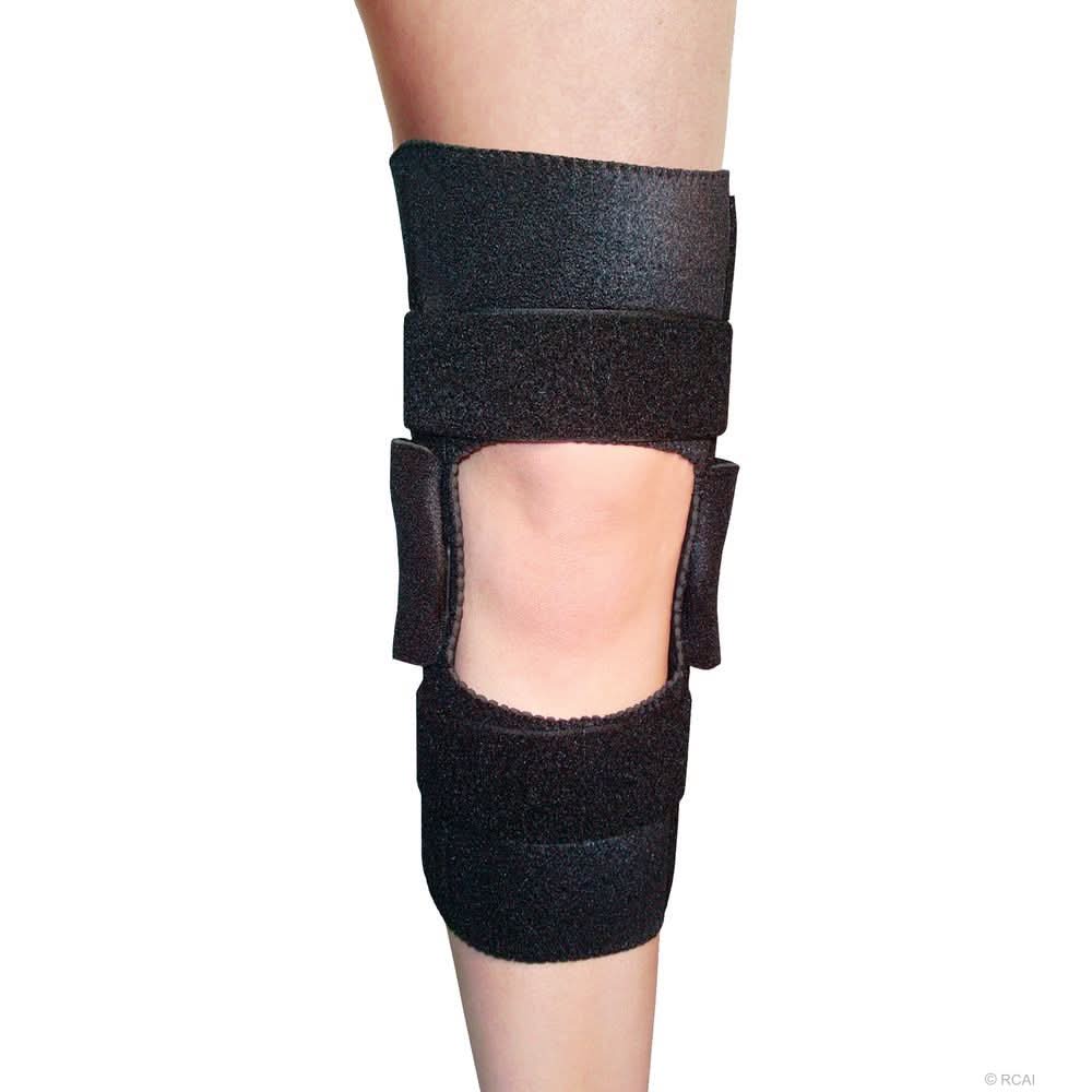 Black wrap knee brace with adjustable straps around the thigh and calf, open patella design allowing full joint movement,.
