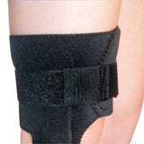 Black neoprene wrap-around knee brace with covered hinge, adjustable Velcro straps, made in the USA, best orthopedic braces.